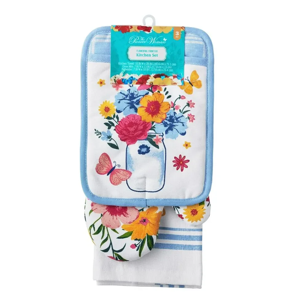 Pioneer Woman Flowering Frontier Kitchen Towel Oven Mitt Potholder Blue Cotton